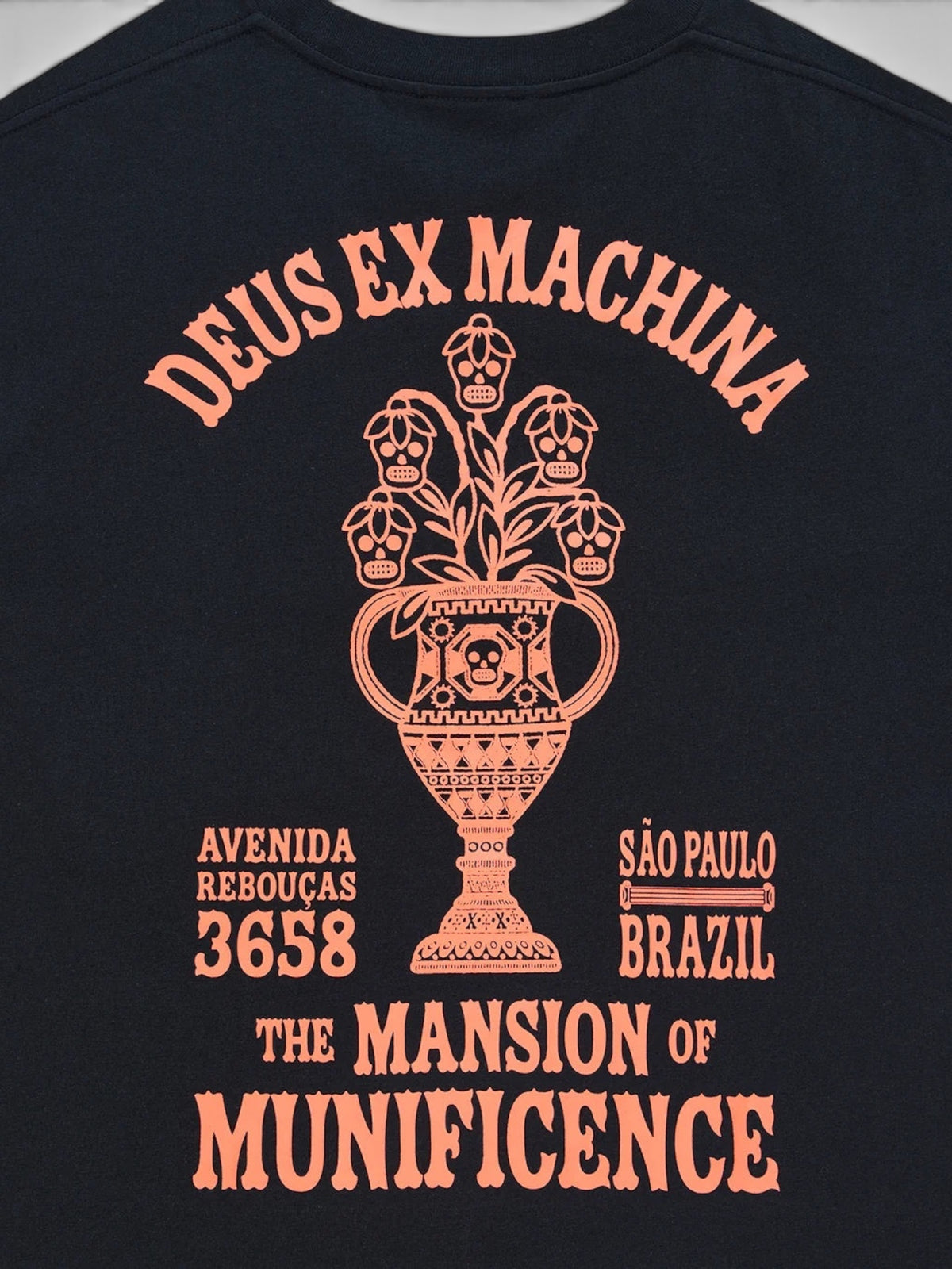 Baffle Haus Sao Paulo Ceramic black box fit tee with peach-colored graphic print of a skull vase on the back