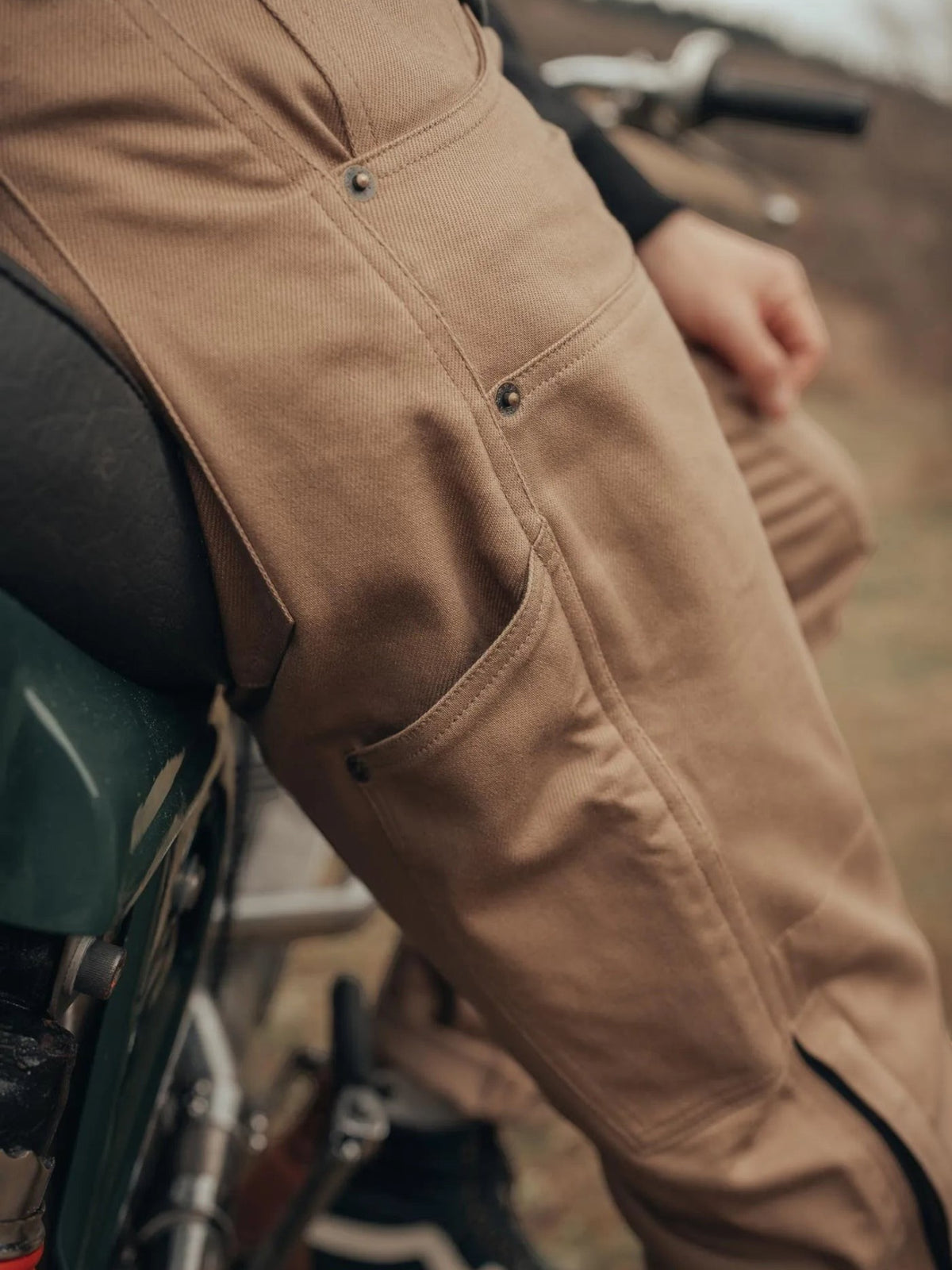 Baffle Haus Service Pants in desert khaki featuring durable cotton blend fabric, antique brass buttons, and 5 pockets.