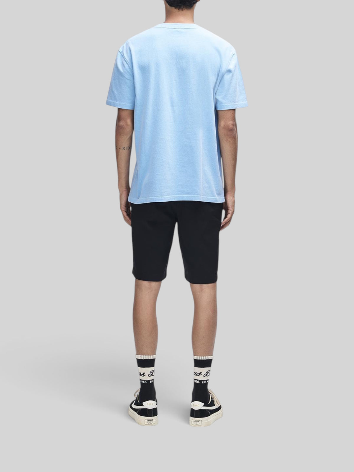 Baffle Haus Shield garment dyed box fit t-shirt in bonnie blue worn by a model from the back view
