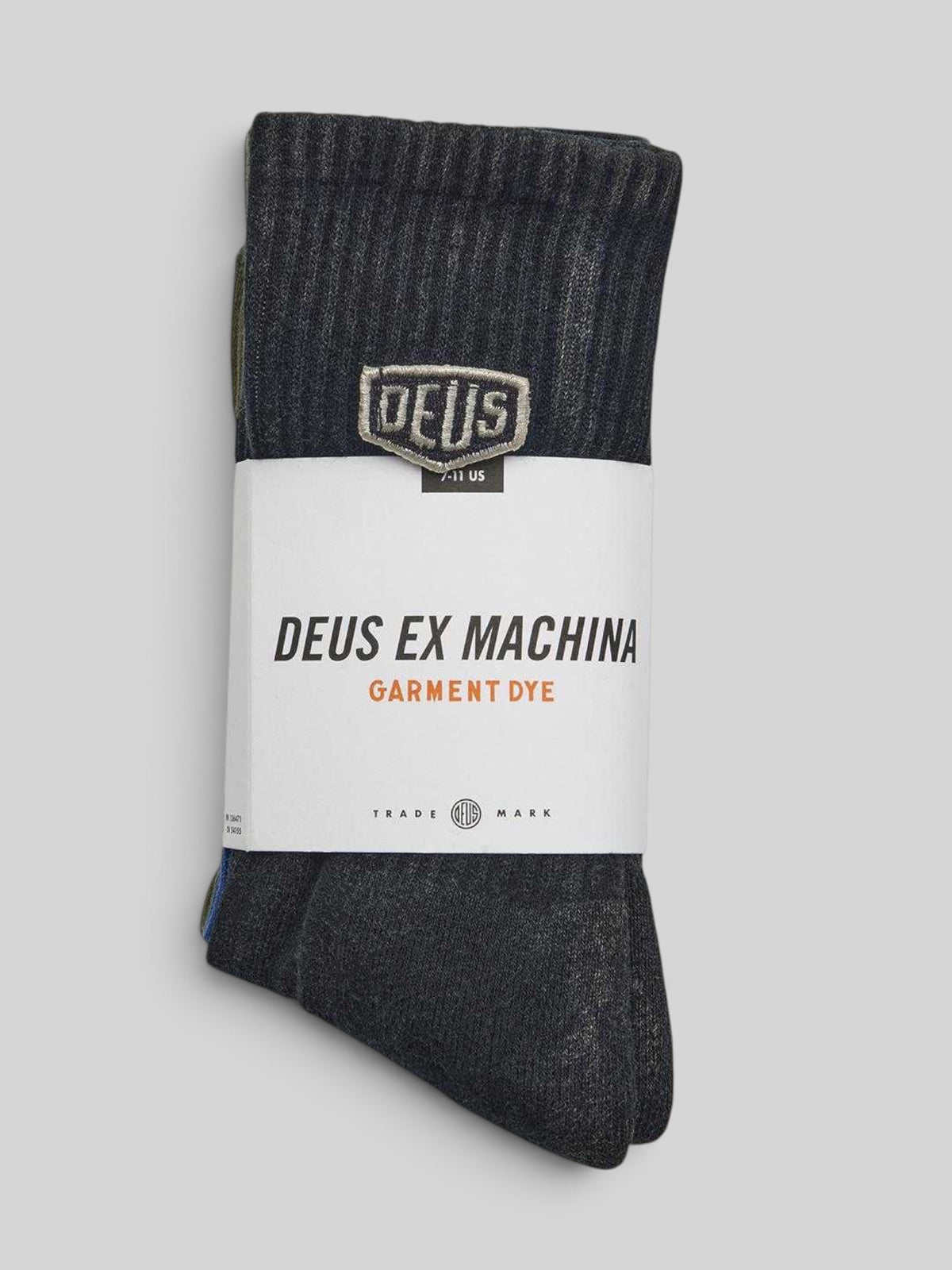 Baffle Haus Shield garment dyed cotton blend socks in charcoal with tonal Deus embroidery in a 3 pack set