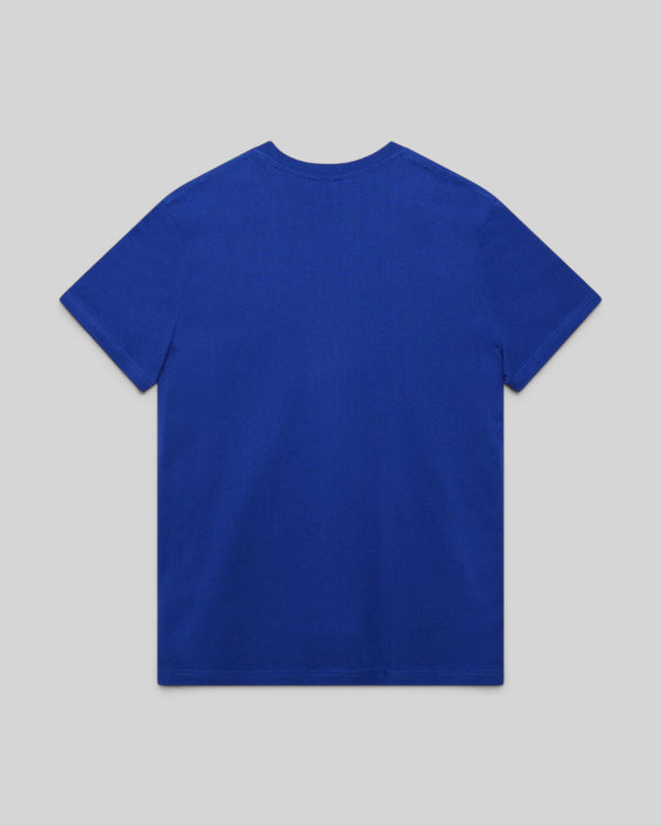 Baffle Haus Shield Tee in classic blue organic cotton jersey, back view of a regular fit short sleeve t-shirt.