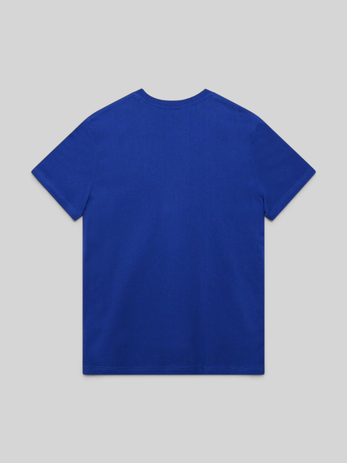 Baffle Haus Shield Tee in classic blue organic cotton jersey, back view of a regular fit short sleeve t-shirt.