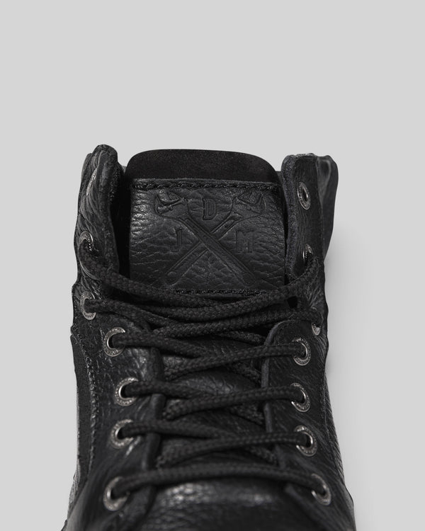Baffle Haus Shifter black vintage cowhide leather motorcycle sneaker boot with embossed tongue detail