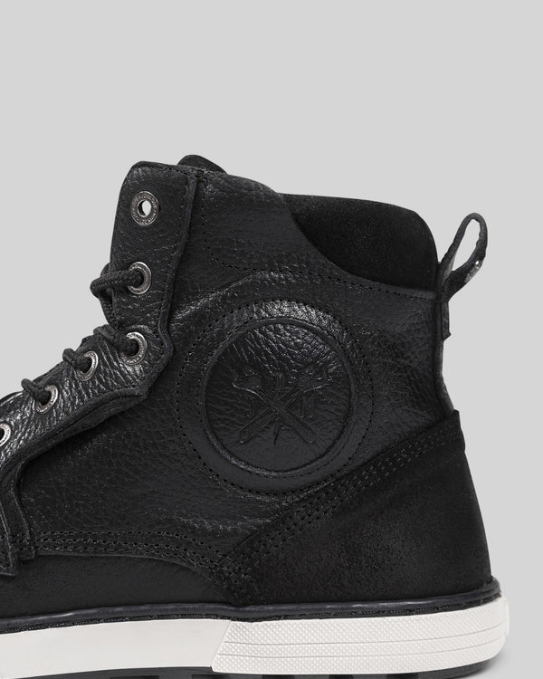 Baffle Haus Shifter black leather motorcycle sneaker boot with embossed logo and reinforced ankle protection