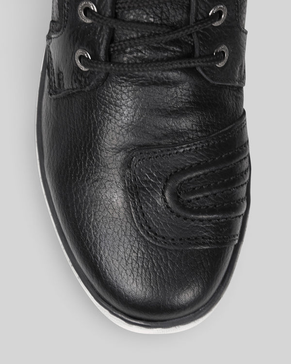 Baffle Haus Shifter black leather motorcycle sneaker boot with gearshift protection and reinforced toe