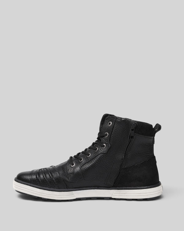 Baffle Haus Shifter black leather motorcycle sneaker boots with side zipper and gearshift protection