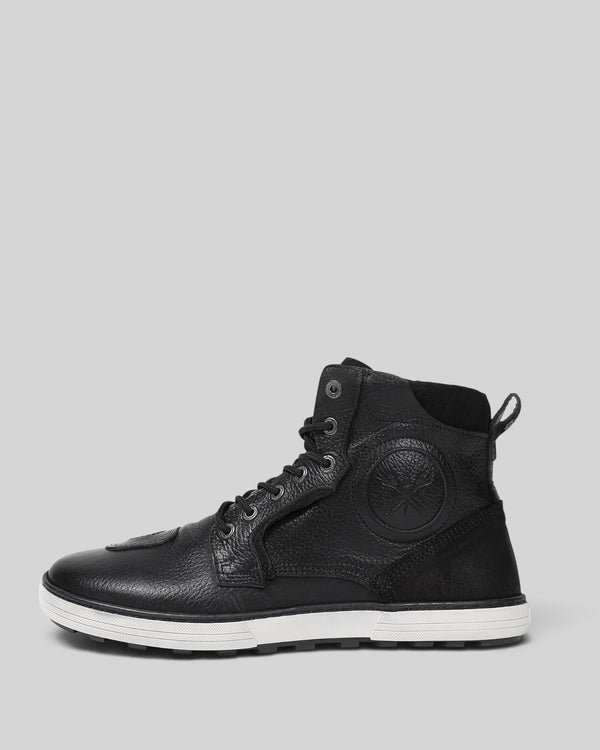 Baffle Haus Shifter black leather motorcycle sneaker boots with side zipper and reinforced gearshift protection