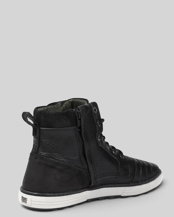 Baffle Haus Shifter black leather motorcycle sneaker boots with side zipper and white non-slip sole
