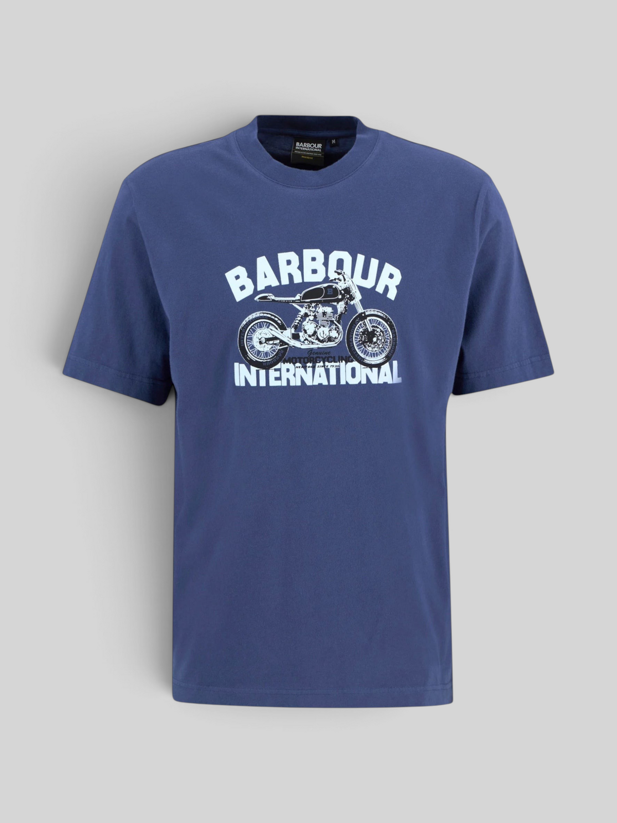 Baffle Haus B.Intl Shifter blue cotton t-shirt with a white motorcycle graphic print on the chest