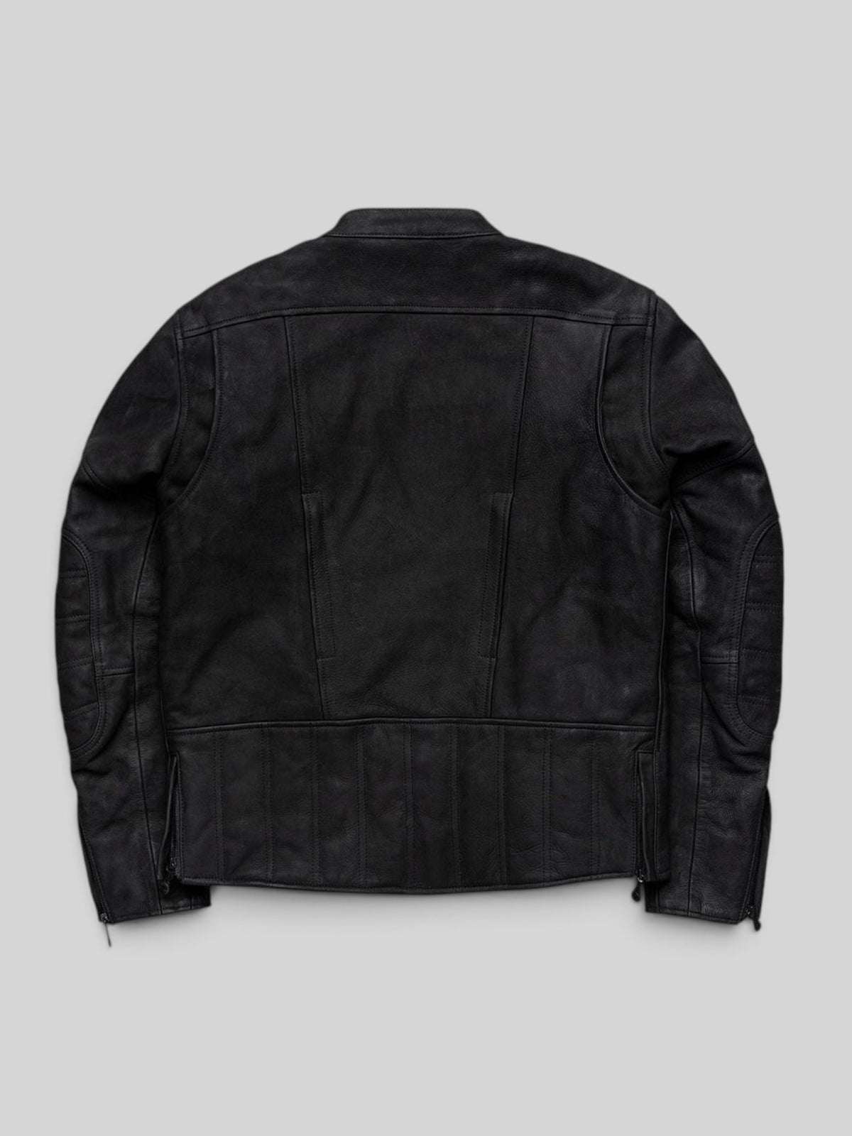 Baffle Haus Shōgun black nubuck leather motorcycle jacket, back view showing quilted lower back and elbow panels.