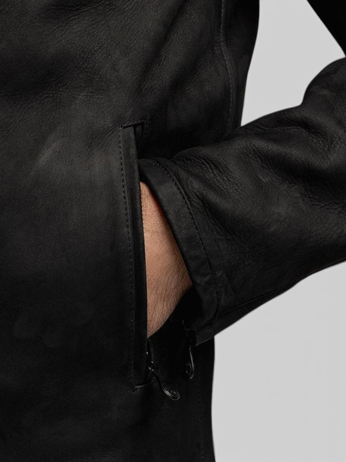 Baffle Haus Motone Shōgun black nubuck leather motorcycle jacket with a zippered hand-warmer pocket