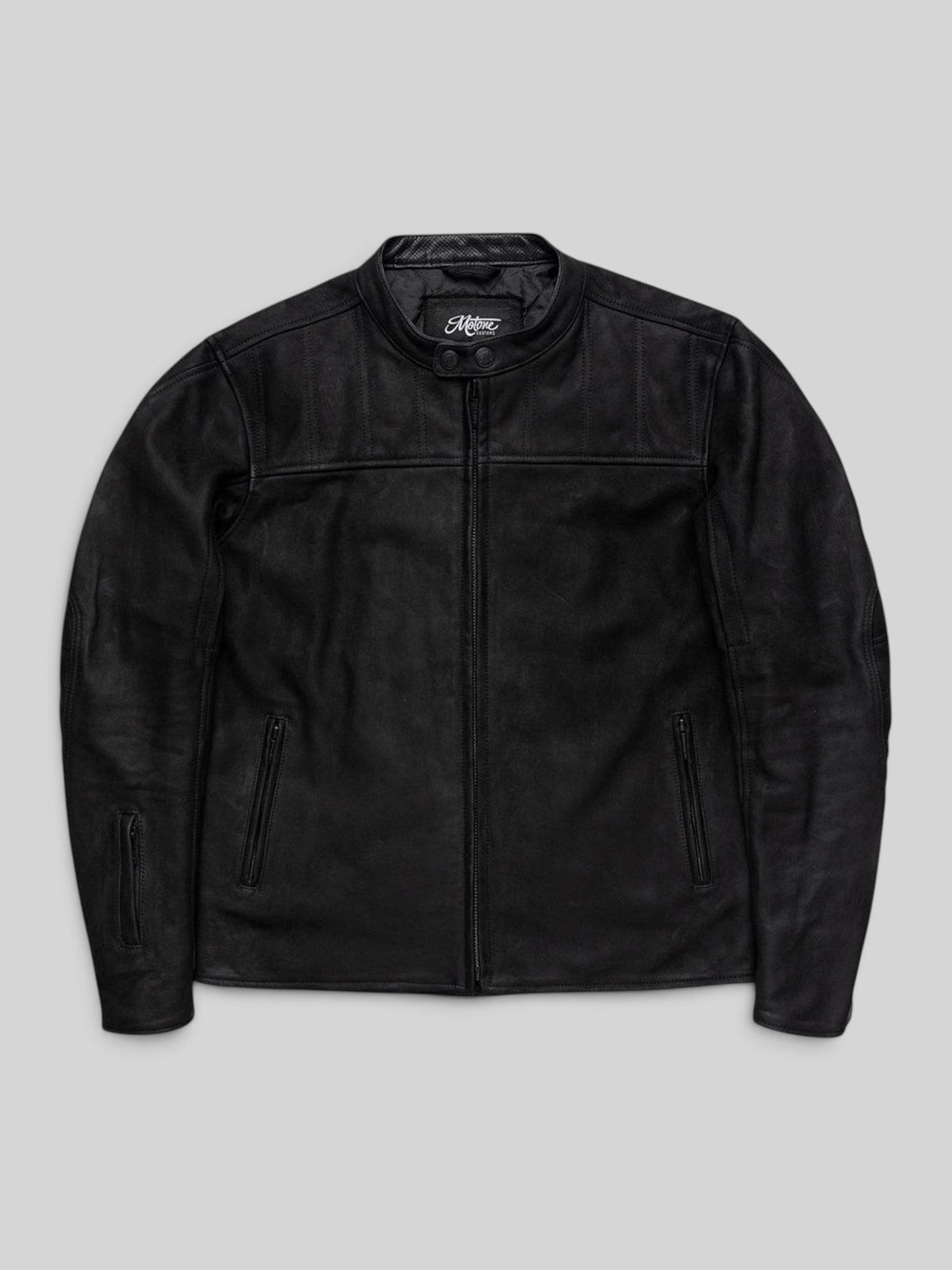 Baffle Haus Motone Shōgun black nubuck leather motorcycle jacket with quilted chest panels and nickel hardware.