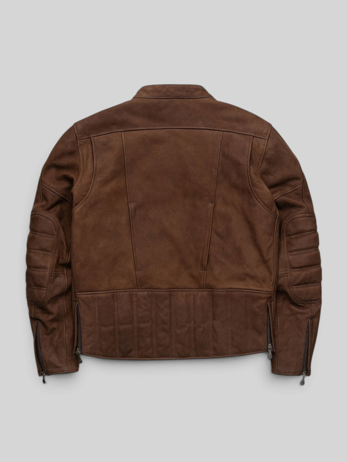 Baffle Haus Shōgun mahogany nubuck leather motorcycle jacket, back view with quilted elbow and lower back panels.