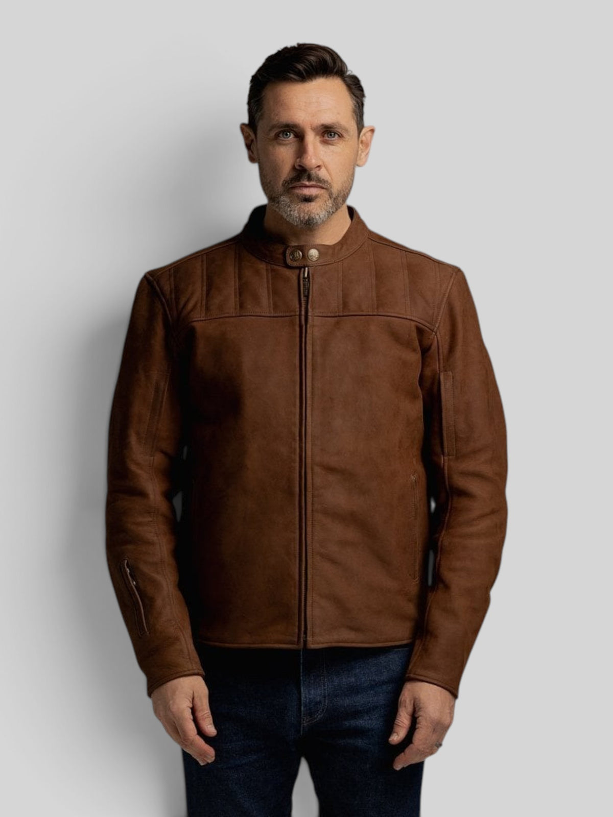 Baffle Haus Shōgun mahogany nubuck leather motorcycle jacket with quilted chest panels and antique brass hardware.