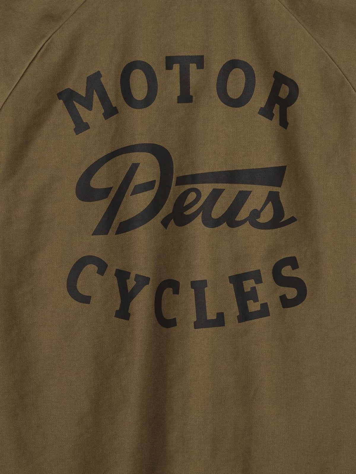 Baffle Haus Silos Mechanic Jacket in bronze brown cotton nylon sateen with black Motor Deus Cycles back graphic