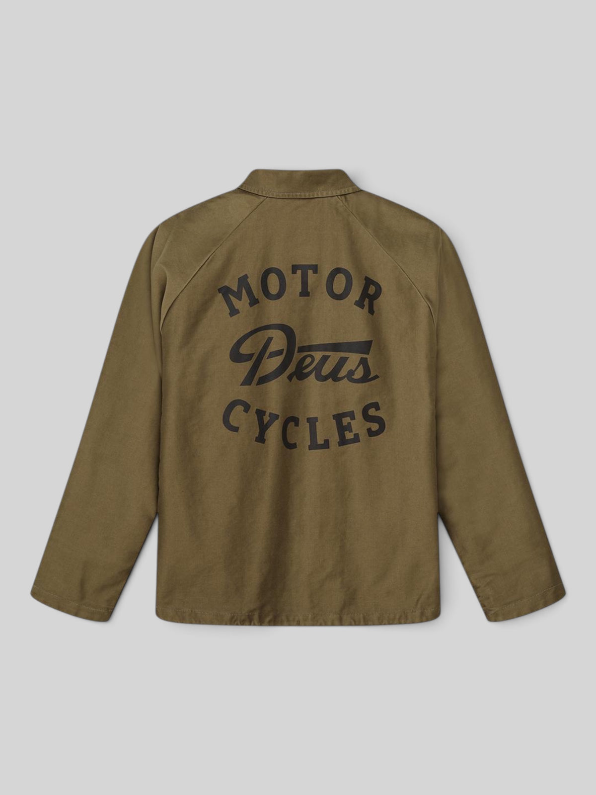 Baffle Haus Silos Mechanic Jacket in bronze brown with Motor Deus Cycles graphic print on the back