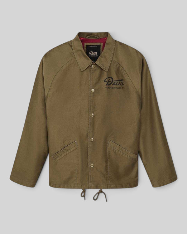 Baffle Haus Silos Mechanic Jacket in bronze brown cotton nylon sateen with snap buttons and chest logo embroidery.