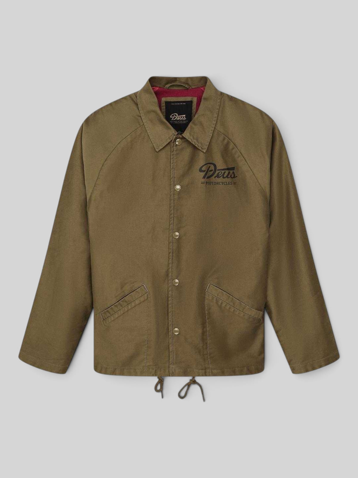 Baffle Haus Silos Mechanic Jacket in bronze brown cotton nylon sateen with snap buttons and chest logo embroidery.