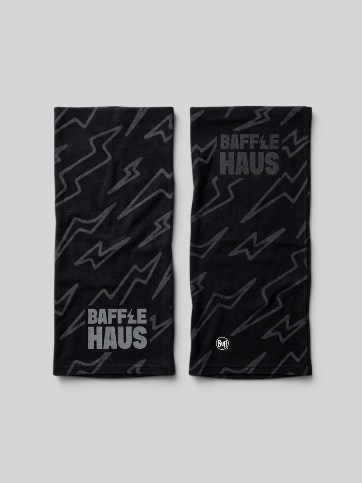 Baffle Haus X Buff neck tube in black with silver bolt pattern and logo branding, made from recycled EcoStretch fabric