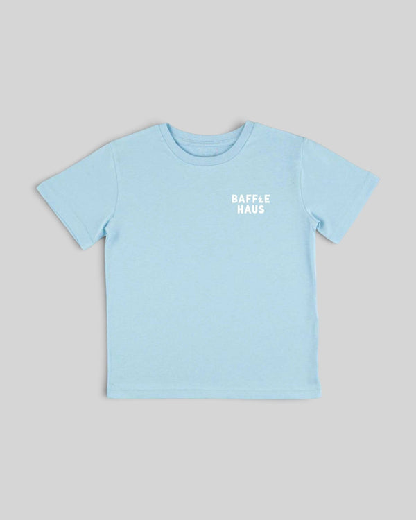 Baffle Haus kids sky blue cotton t-shirt with white logo on the chest