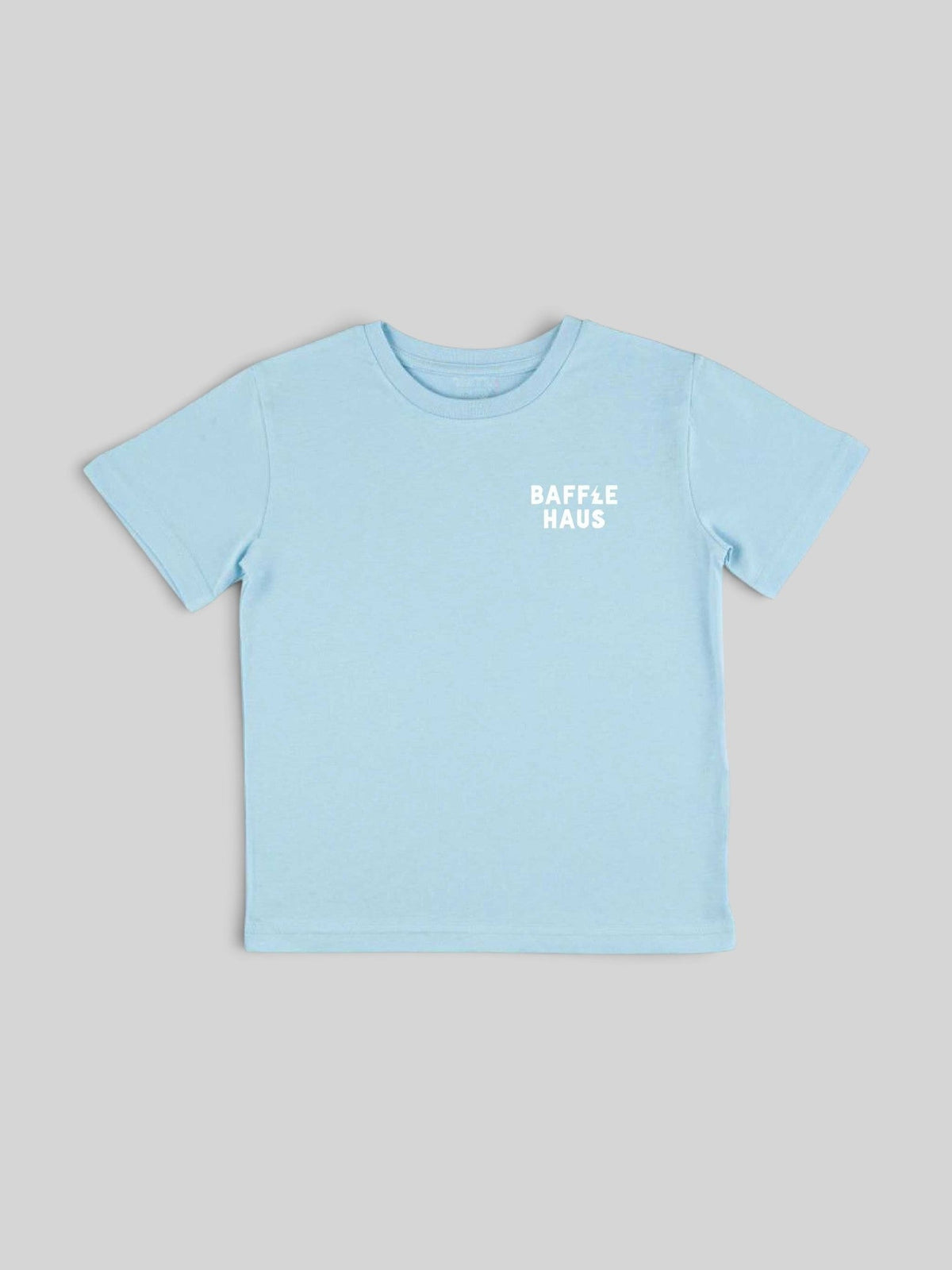 Baffle Haus kids sky blue cotton t-shirt with white logo on the chest