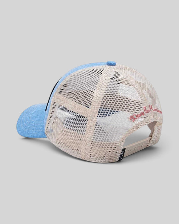Baffle Haus Slapstick Trucker hat in Bonnie Blue with a beige mesh back, snap closure, and rear embroidery detail.