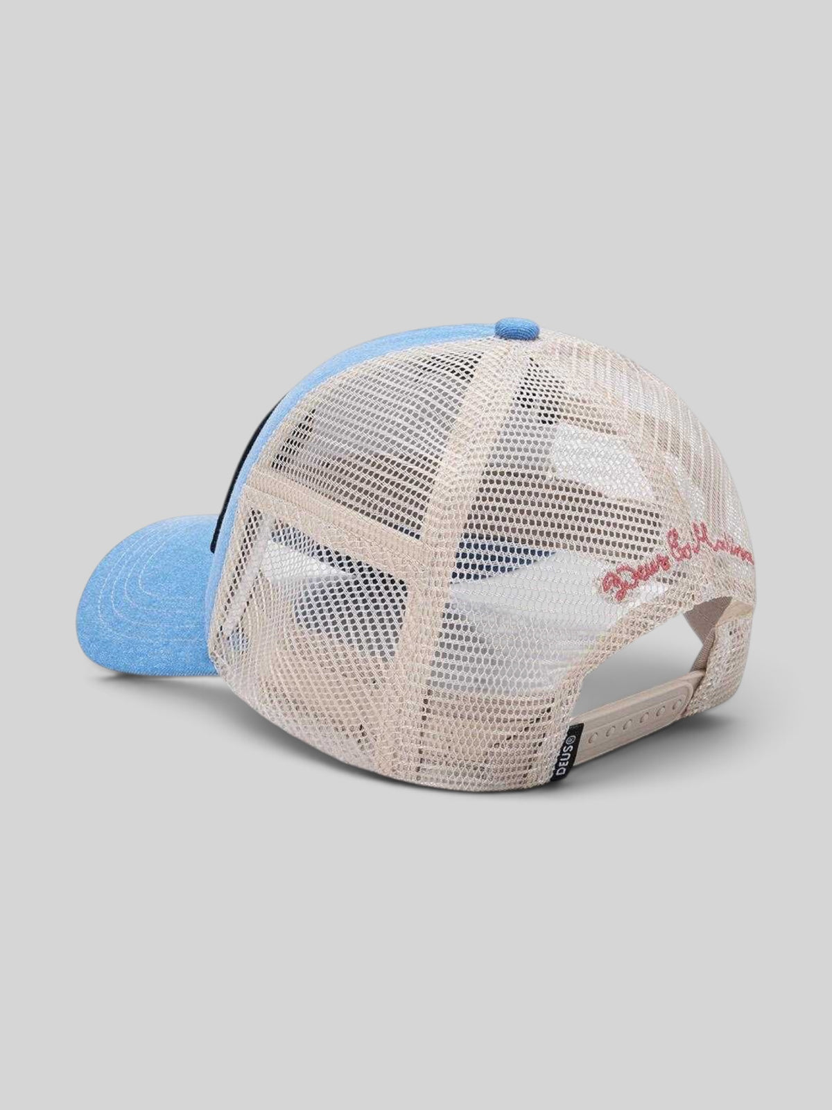 Baffle Haus Slapstick Trucker hat in Bonnie Blue with a beige mesh back, snap closure, and rear embroidery detail.