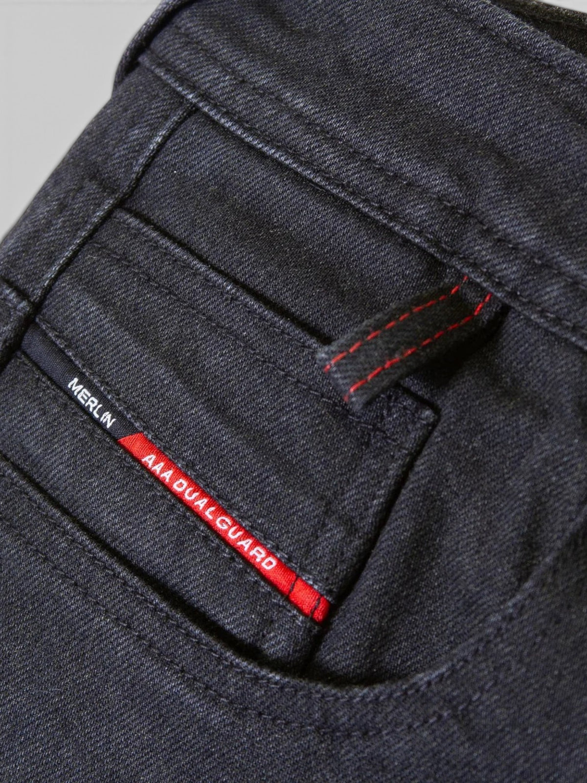 Baffle Haus Soho ladies black motorcycle jeans featuring AAA DualGuard branding and red stitch detail on the pocket