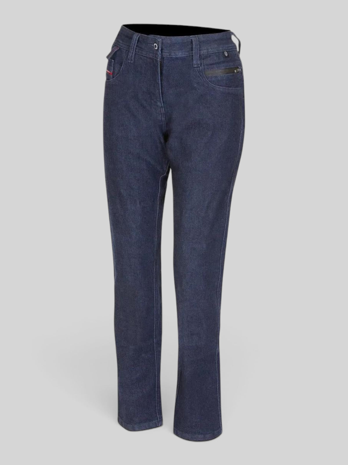 Baffle Haus Soho ladies blue motorcycle jeans with AAA protection, D3O armour, and water-repellent stretch denim.