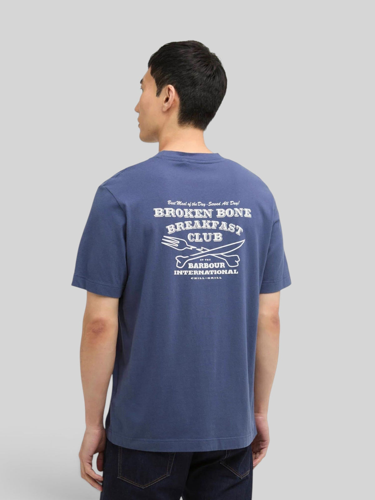 Baffle Haus International Staithes blue cotton graphic t-shirt with Broken Bone Cafe print on the back
