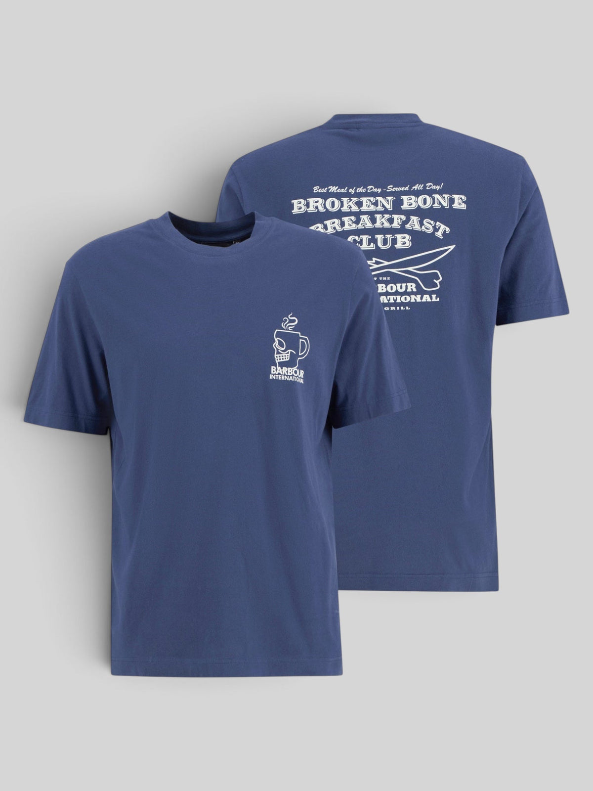Baffle Haus International Staithes blue cotton graphic t-shirt with Broken Bone Cafe print on chest and back