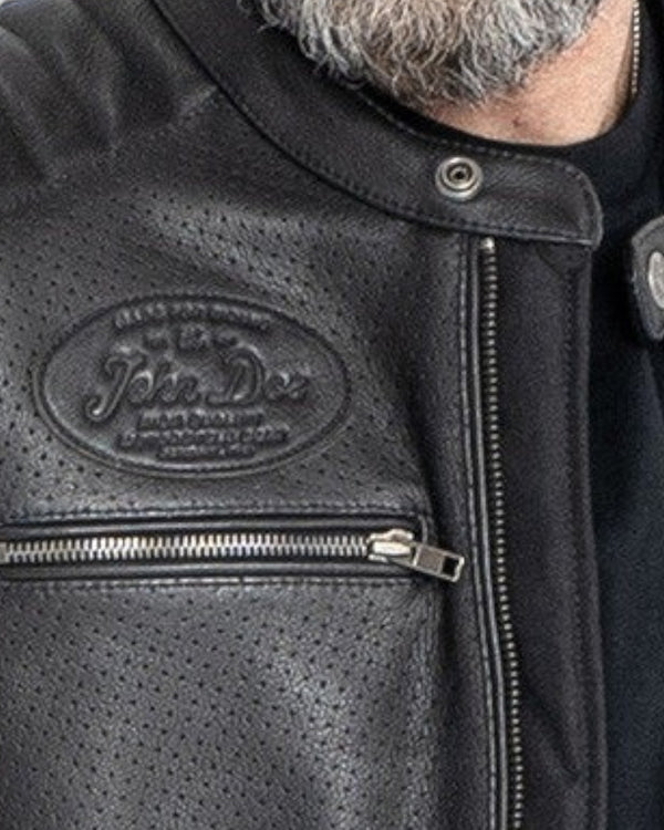 Baffle Haus Storm black perforated leather motorcycle jacket with John Doe branding and zippered chest pocket