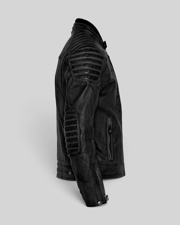 Baffle Haus Storm black perforated leather motorcycle jacket with padded shoulder and elbow details, side view.