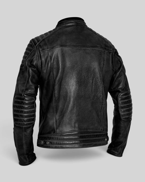 Baffle Haus Storm black perforated leather motorcycle jacket, back view with padded shoulder and elbow detailing.