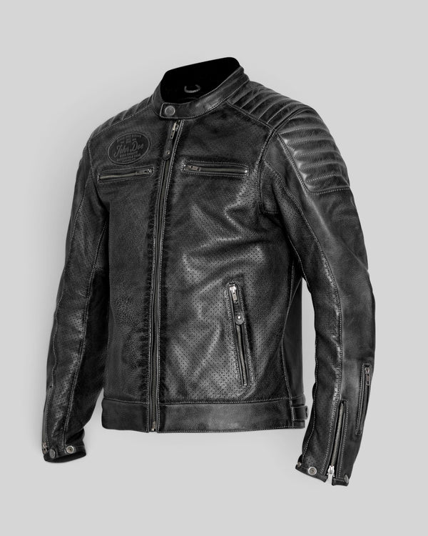 Baffle Haus John Doe Storm black perforated leather motorcycle jacket with padded shoulders and YKK zipper details.