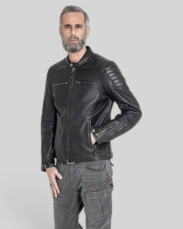 Baffle Haus Storm black perforated leather motorcycle jacket with padded shoulders and zippered pockets on a model