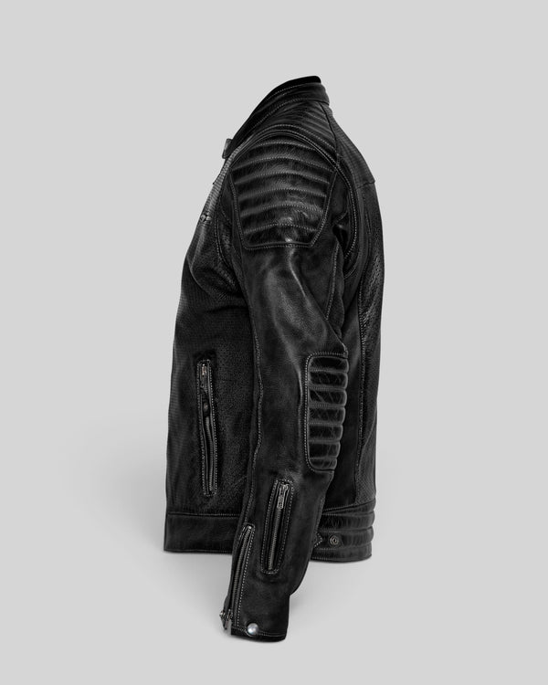 Baffle Haus Storm black perforated leather motorcycle jacket with padded shoulder and elbow details, side view.