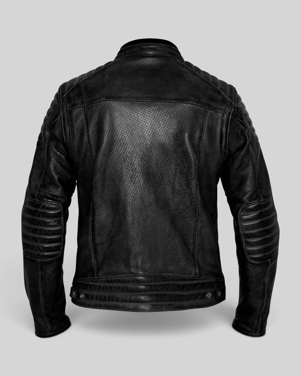 Baffle Haus Storm black perforated leather motorcycle jacket, back view with padded shoulder and elbow detailing.