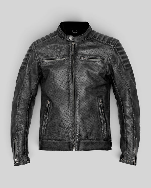 Baffle Haus Storm black perforated leather motorcycle jacket with padded shoulders, zippered pockets, and snap collar.