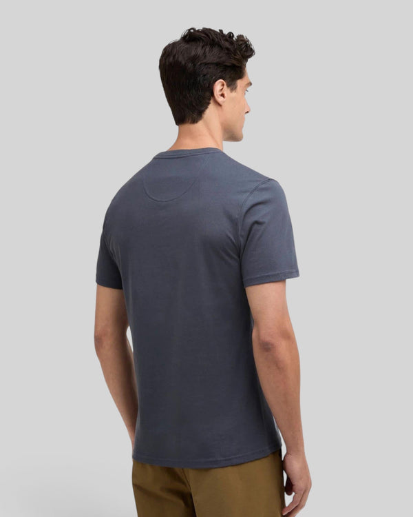 Baffle Haus storm grey cotton crew neck t-shirt worn by a man, back view showing tailored fit and short sleeves
