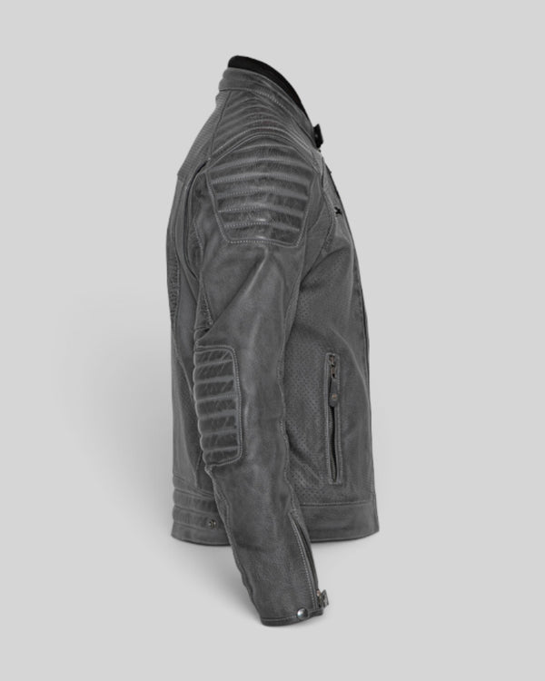 Baffle Haus Storm grey perforated leather motorcycle jacket with padded shoulder and elbow detailing, side view.