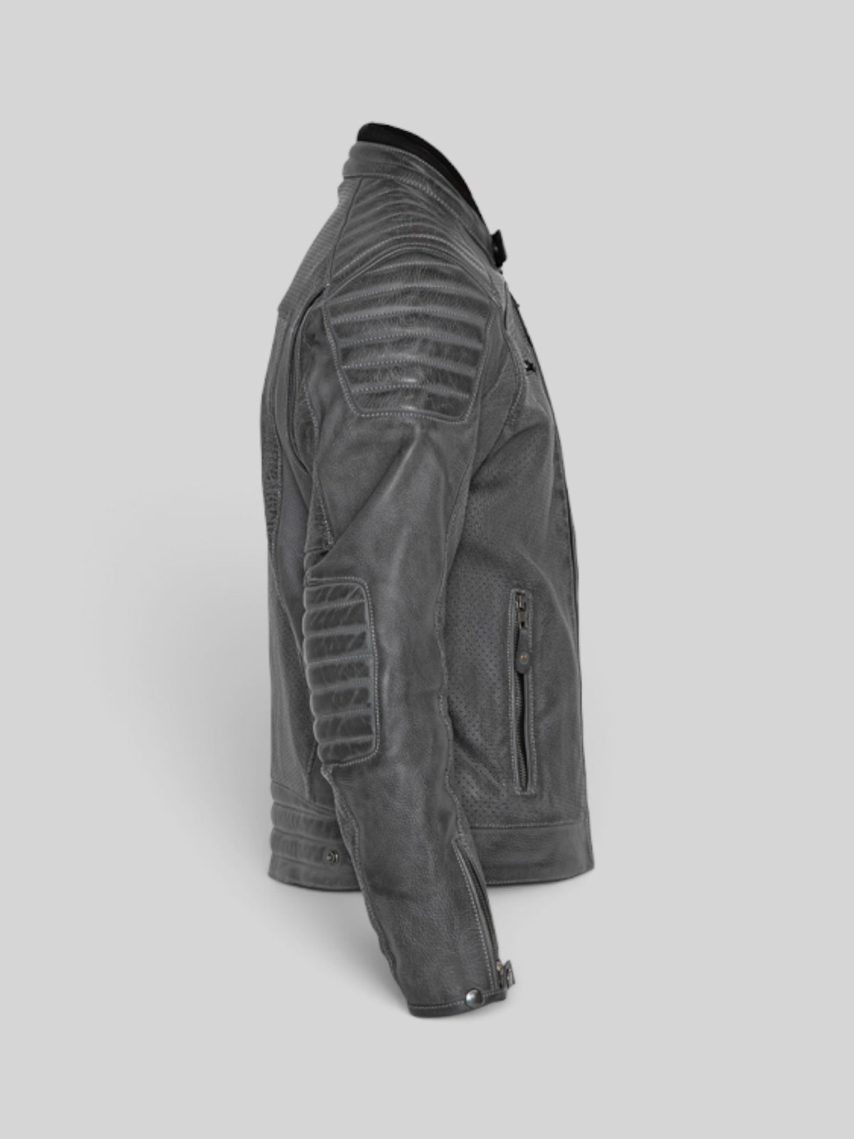Baffle Haus Storm grey perforated leather motorcycle jacket with padded shoulder and elbow detailing, side view.