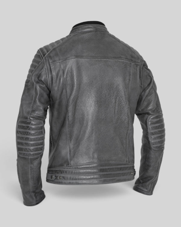 Back view of Baffle Haus Storm grey perforated leather motorcycle jacket with padded shoulder and elbow details.