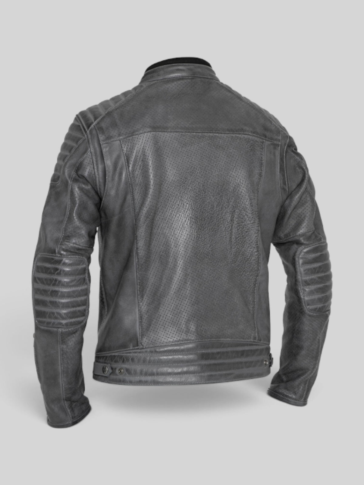 Back view of Baffle Haus Storm grey perforated leather motorcycle jacket with padded shoulder and elbow details.