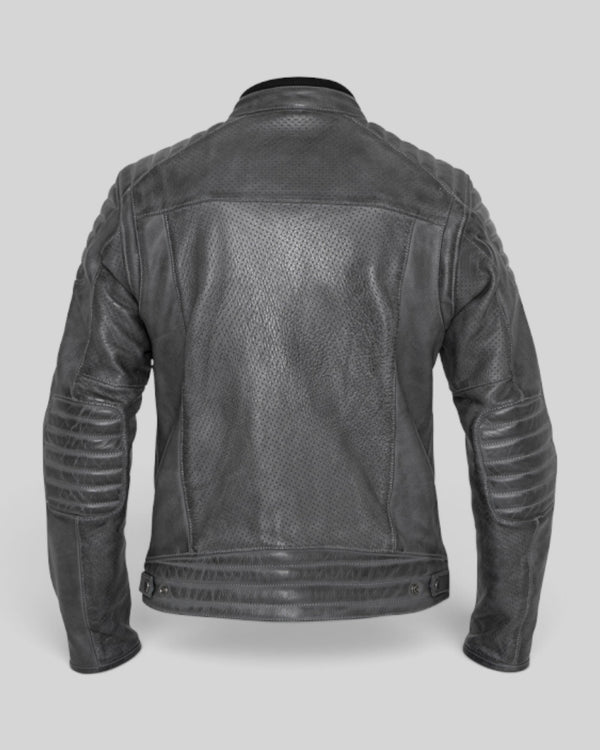Back view of Baffle Haus Storm grey perforated leather motorcycle jacket with padded shoulder and elbow detailing.