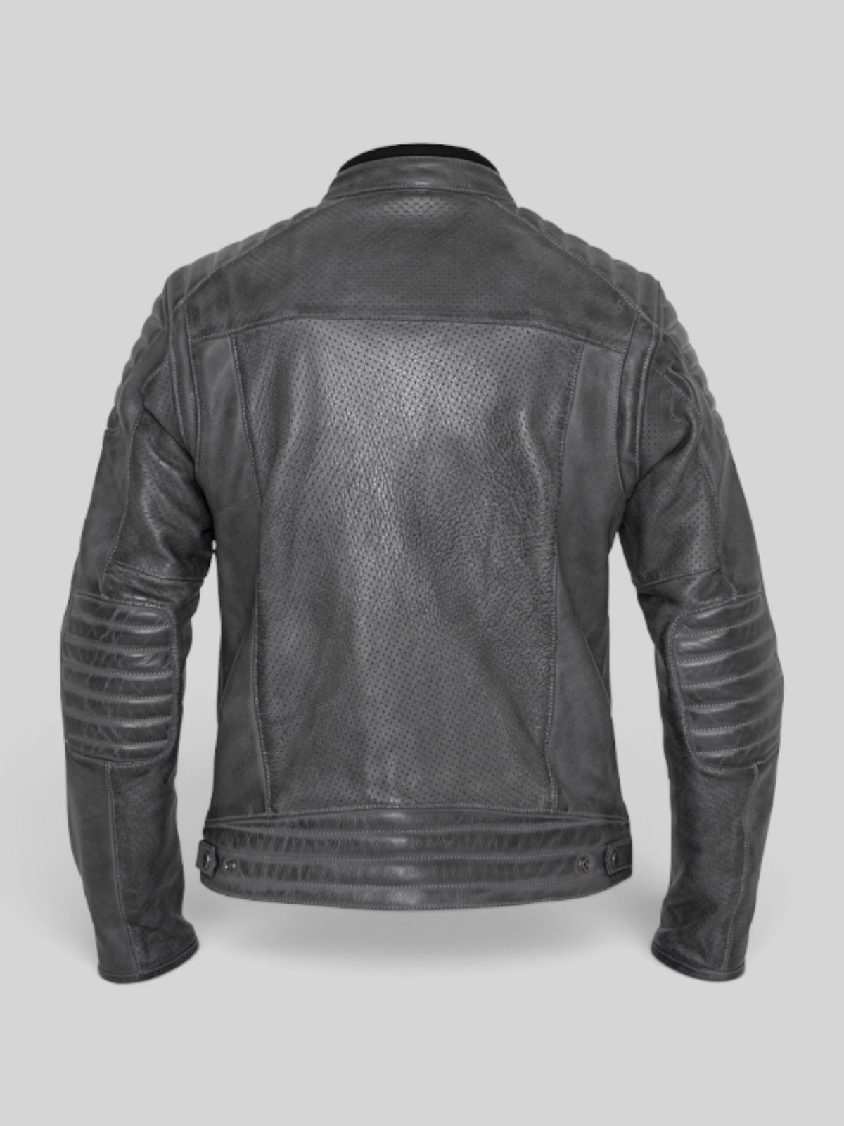 Back view of Baffle Haus Storm grey perforated leather motorcycle jacket with padded shoulder and elbow detailing.