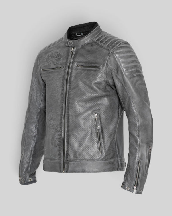 Baffle Haus Storm grey perforated leather motorcycle jacket with padded shoulders, zippered pockets, and snap collar.