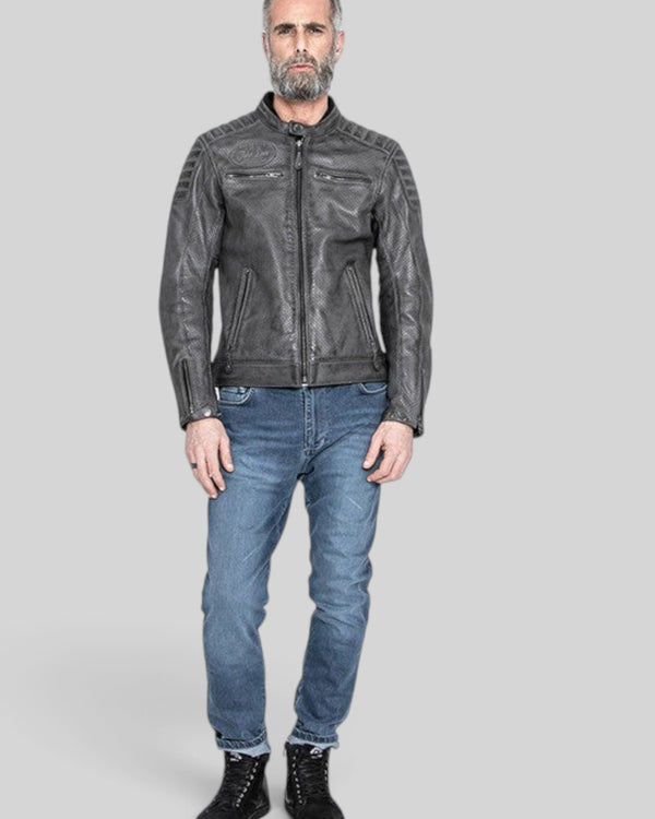 Baffle Haus Storm grey perforated leather motorcycle jacket with padded shoulders and zip pockets on a male model