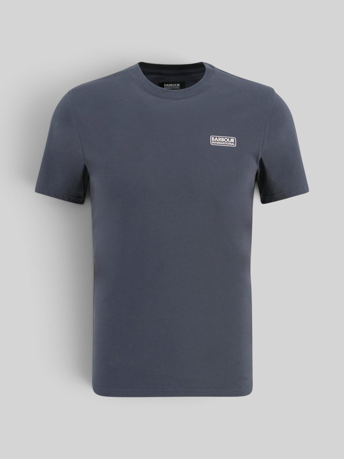 Baffle Haus storm grey cotton crew neck t-shirt with Barbour International logo on the chest