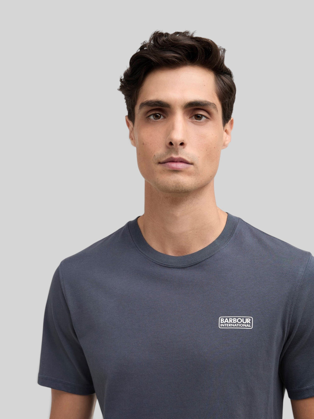 Baffle Haus storm grey crew neck t-shirt in soft cotton with Barbour International logo on the chest